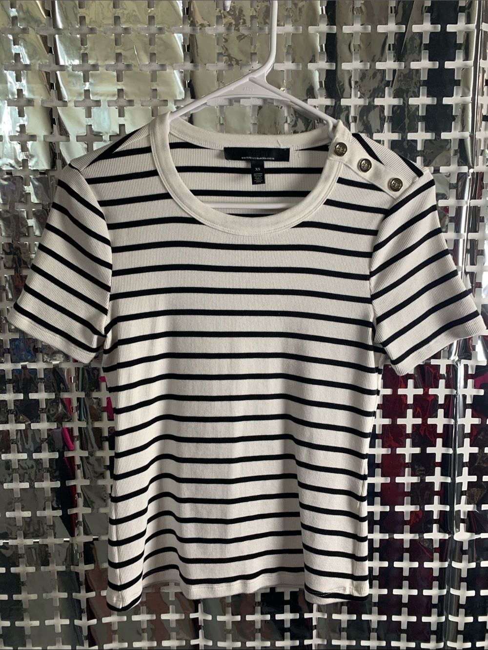 Express Black & White Striped Short-Sleeve Tee with Shoulder Buttons